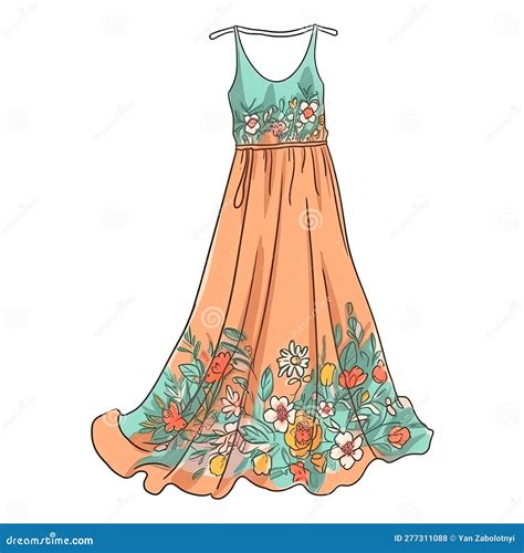 Maxi Dress In Cartoon Style Stiker On White Background On Isolated