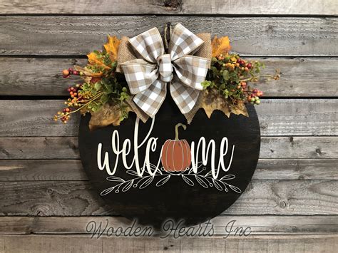 Fall Door Hanger Wreath Welcome Pumpkin Wood Round Sign Etsy