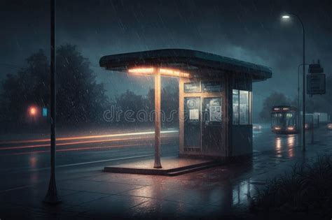 A Stormy Night, with Lightning Illuminating the Empty Bus Stop and Rain Falling in Torrents ...