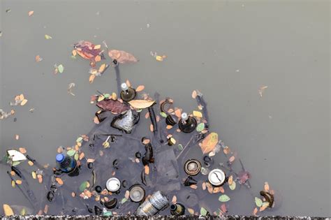 Premium Photo Garbage And Bottle In The Canal Water Top View