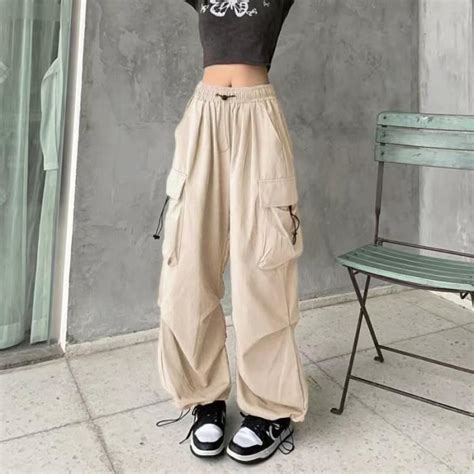 Pantalon Cargo Taille Haute Straight Streetwear Taille Lastique Avec