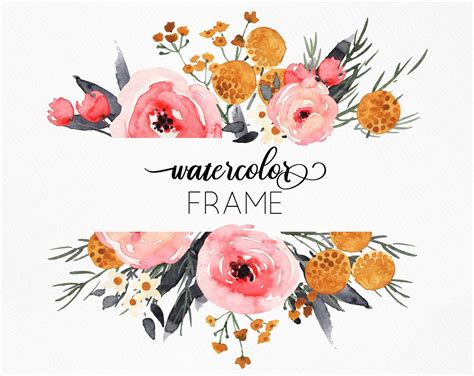 Rustic Floral Frame Clipart, Horizontal Floral Wreath, Watercolor Boho ...