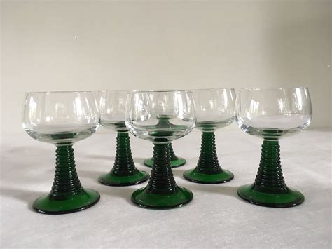 6 Large Green Stemmed Wine Glasses Green Ribbed Stem Stemmed Wine Glasses Vintage Mid Century