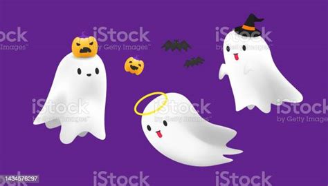 Cute Spooky Ghosts For Halloween Party Greeting Card Holidays Cartoon Character Vector Stock