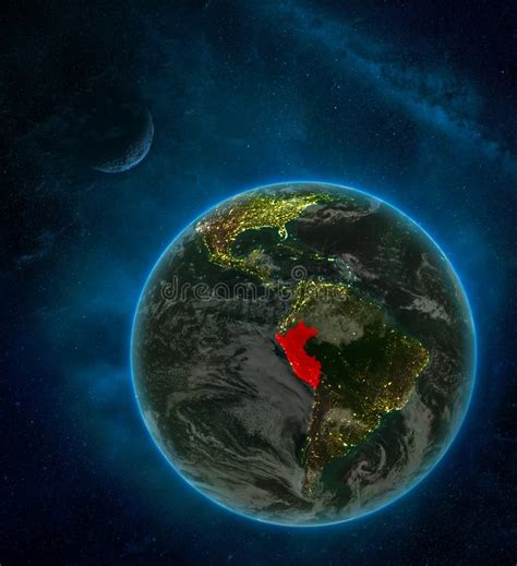 Peru From Space On Earth At Night Surrounded By Space With Moon And