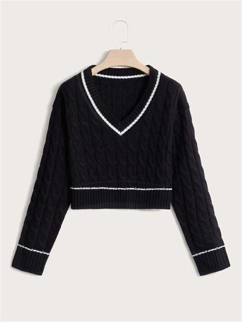 Our Contrast Binding Cable Knit Crop Sweater Is Such A Vibe Clothes