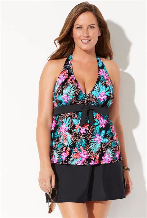 Plus Size Oasis Halter Tankini With Slit Skirt