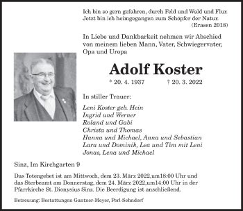 Traueranzeigen Von Adolf Koster Saarbruecker Zeitung Trauer De