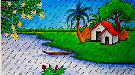 Village Drawing In Watercolor Rainy Season Drawing With Pastel Color