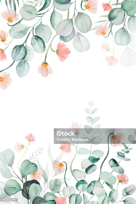 Background Made Of Green Watercolor Eucalyptus Leaves And Pink Flowers Wedding Illustration