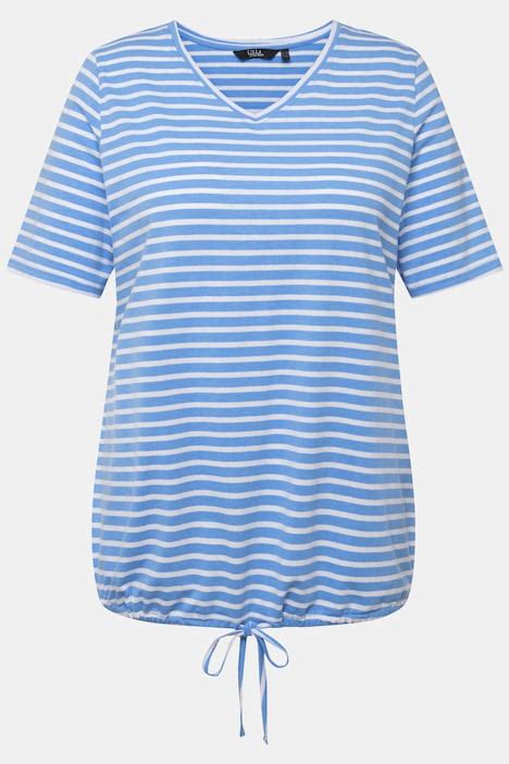 Striped Drawstring Hem Short Sleeve Tee T Shirts Tops