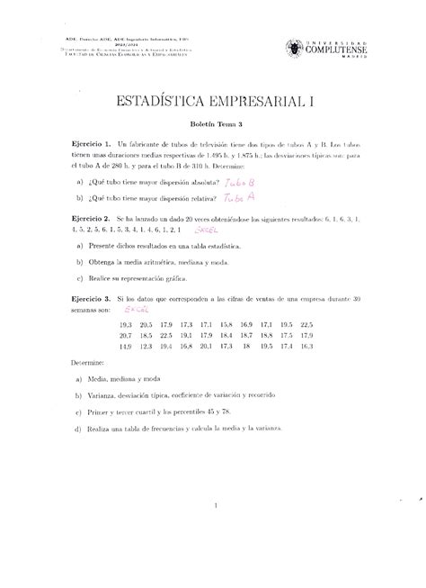 Ejercicios De Estadísticas Derecho Y Ade Ejercicios De Estadística Docsity