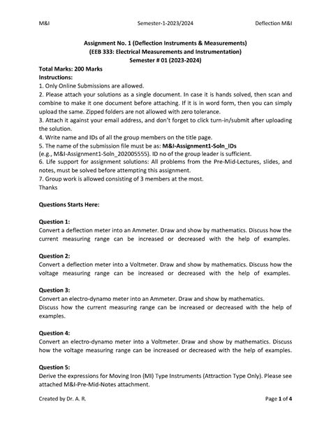 Mandi Assignment 1 2023 2024 Qs Assignment No 1 Deflection Instruments And Measurements Eeb