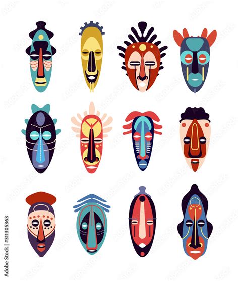 African mask. Colorful ethnic tribal ritual masks of different shapes ...