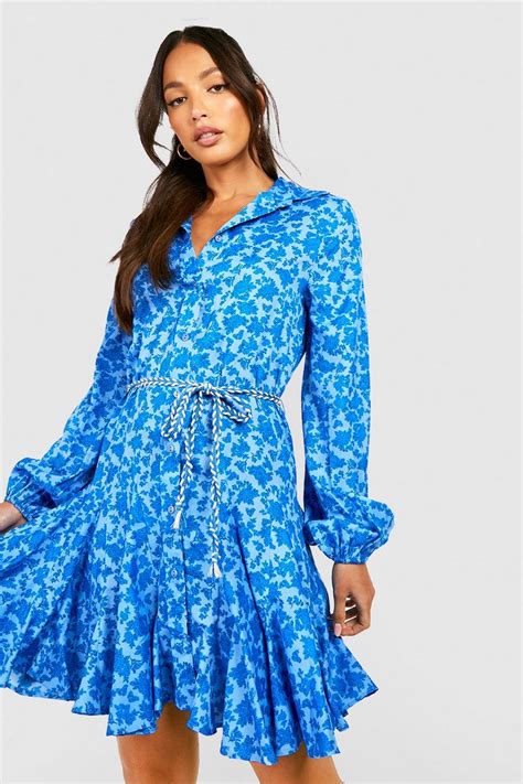 Tall Floral Rope Tie Pleated Shirt Dress Boohoo