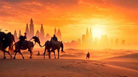 Camel Caravan In The Desert At Sunset 3d Render Illustration Camel