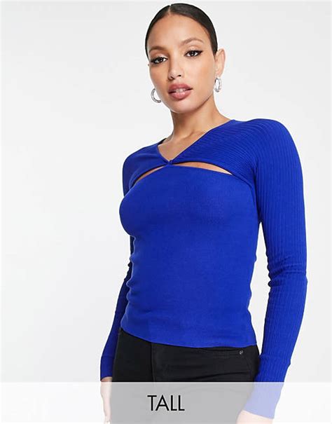 Asos Design Tall Knitted Top With Cut Out And Knot Front Detail In Cobalt Blue Asos