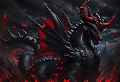 Premium AI Image | Fantasy dragon Red eyes and wings with black body ...