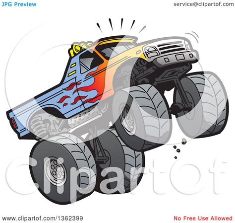 Clipart of a Cartoon Monster Truck with Flame Paint, Doing a Wheelie or ...