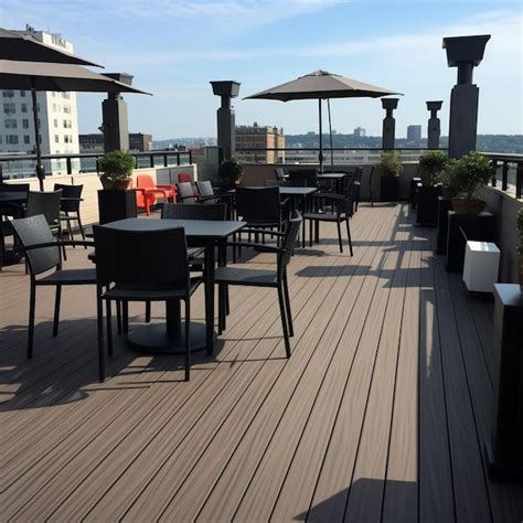 Premium AI Image Tables And Chairs On A Wooden Deck With Umbrellas