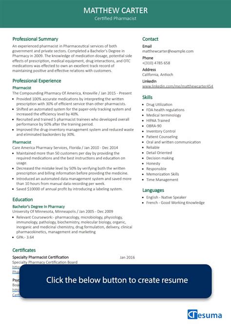 Pharmacist Resume Example Writing Guide Cresuma