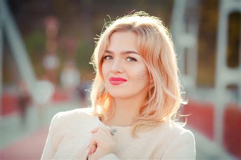 Closeup Portrait Of Pretty Blonde Model With Bright Makeup And P Stock