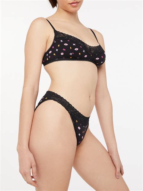 Cotton Essentials Lace Trim Bikini In Black Multi Savage X Fenty