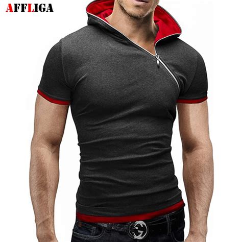 Affliga Brand Mens V Neck Cotton T Shirt Zipper Design Casual Short