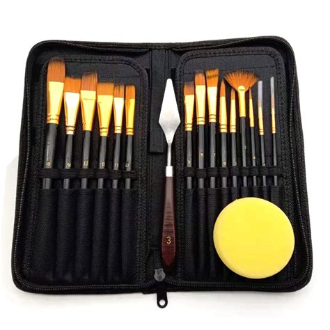 17pcs Artist Paint Brush Set with Canvas Bag Paint Scraper Sponge for Watercolor Brush Oil ...