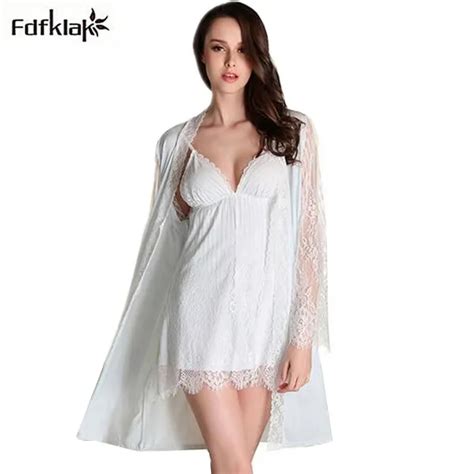 New Brand Sexy Lingerie Long Sleeve Dressing Gowns For Women V Neck Lace Two Pieces Robe Set