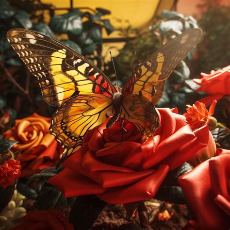 Premium Ai Image Illustration Of A Yellow Butterfly On A Red Rose