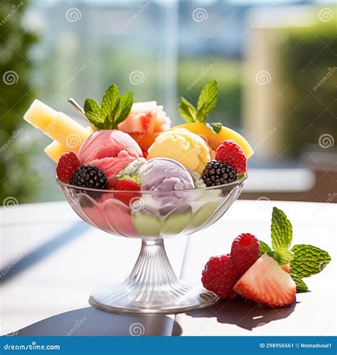 Colorful Ice Cream With Fruits Served Outdoor Generative AI Stock