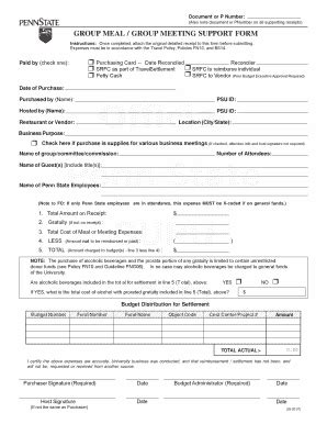 Penn State Group Meal Form Fill Online Printable Fillable Blank