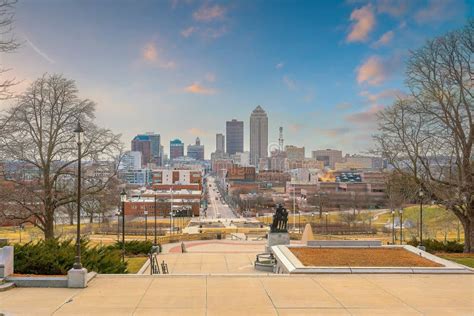 Downtown Des Moines City Skyline Cityscape Of Iowa And Public Park In