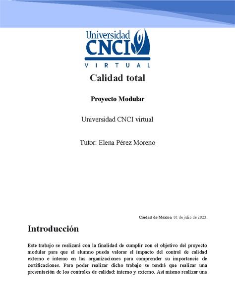 Tarea Calidad Calidad Total Proyecto Modular Universidad Cnci