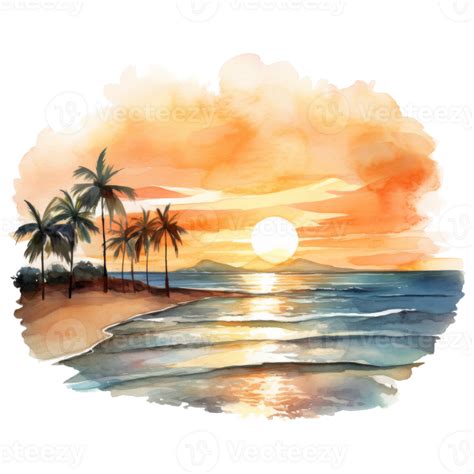 Sunset Summer Illustration Watercolor Style 46785608 Png