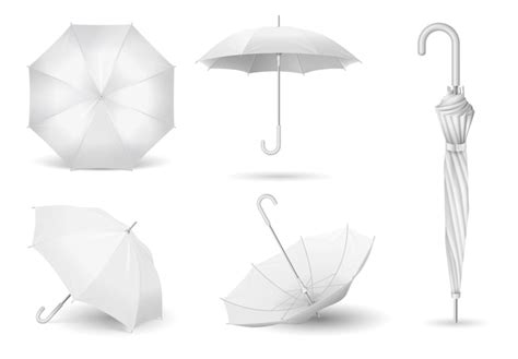 Premium Vector Set Of White Umbrellas 3d Realistic Design Open And Closed Parasols Mockup Rain