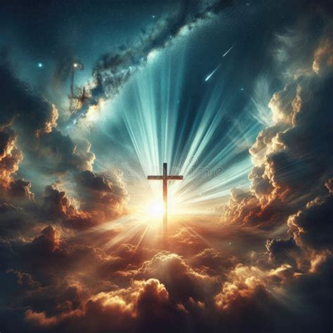 Cross Of Jesus Christ Set Against A Dramatic Sky Bathed In Celestial