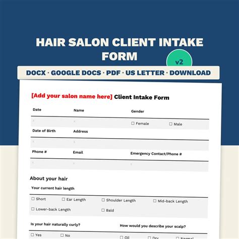 Hair Salon Client Intake Form Template Pdf Microsoft Word Etsy