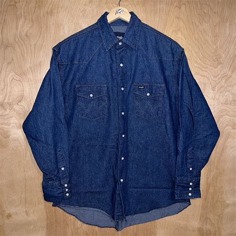 MENS WRANGLER COTTON DENIM PEARL SNAP LOGO SHIRT BLUE SIZE 16 5 X 34