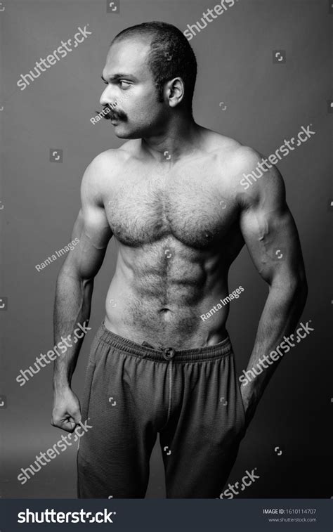 Muscular Indian Man Mustache Shirtless Against库存照片1610114707 Shutterstock