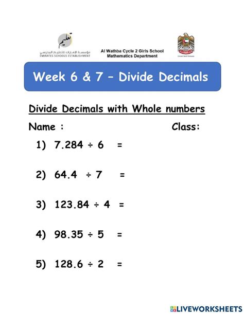 Divide Decimals With Whole Numbers Worksheet Live Worksheets Worksheets Library