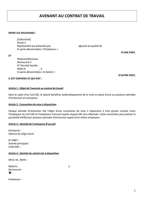 Avenant Au Contrat De Travail T L Chargement Gratuit Documents Pdf