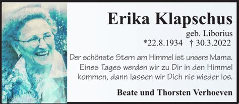 Erika Klapschus Geb Liborius Gedenken Nordsee Zeitung