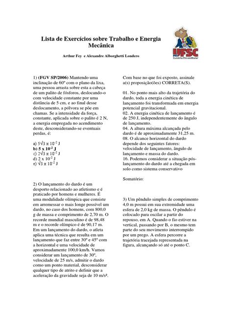 Lista de Exercícios Sobre Trabalho e Energia Mecânica | PDF | Massa ...