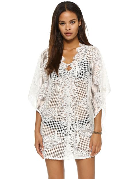 White Cover Up Split Low Cut Lace Semi Sheer Cover Up For Women