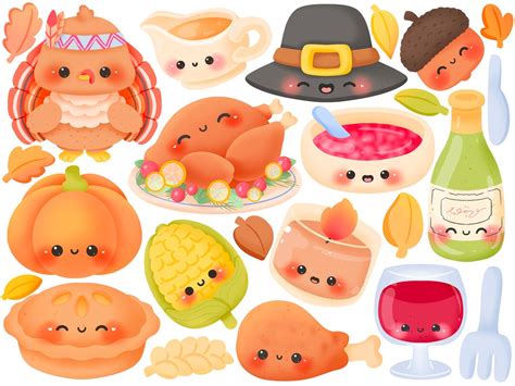 Cute Kawaii Printable Thanksgiving Clipart Commercial Use PNG Etsy