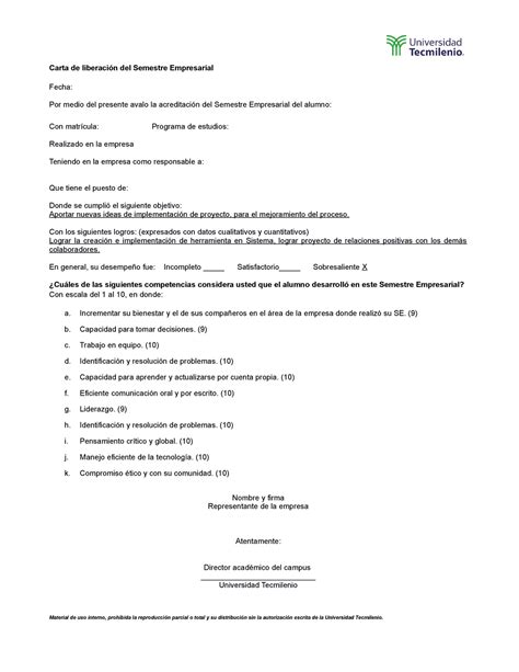 Carta de Liberacion Carta de liberación del Semestre Empresarial