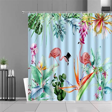 Green Leaves Shower Curtain Tropical Plants Leaf Cactus Floral Flower