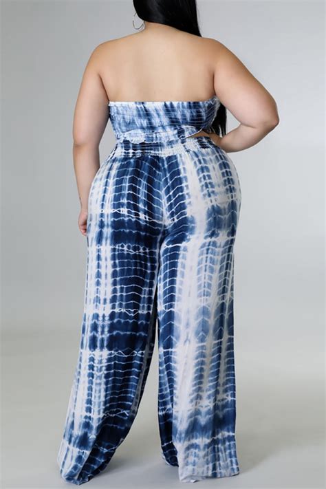 Wholesale Blue Casual Print Tie Dye Backless Strapless Plus Size Two Pieces K82772 2 Online